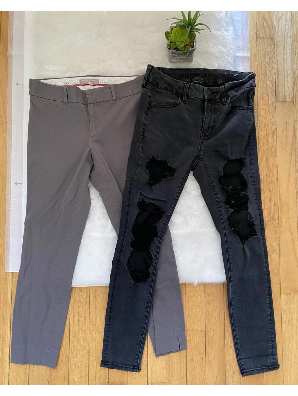 Women Bundle Ripped Black Denim Jeans and Gray Trousers Set